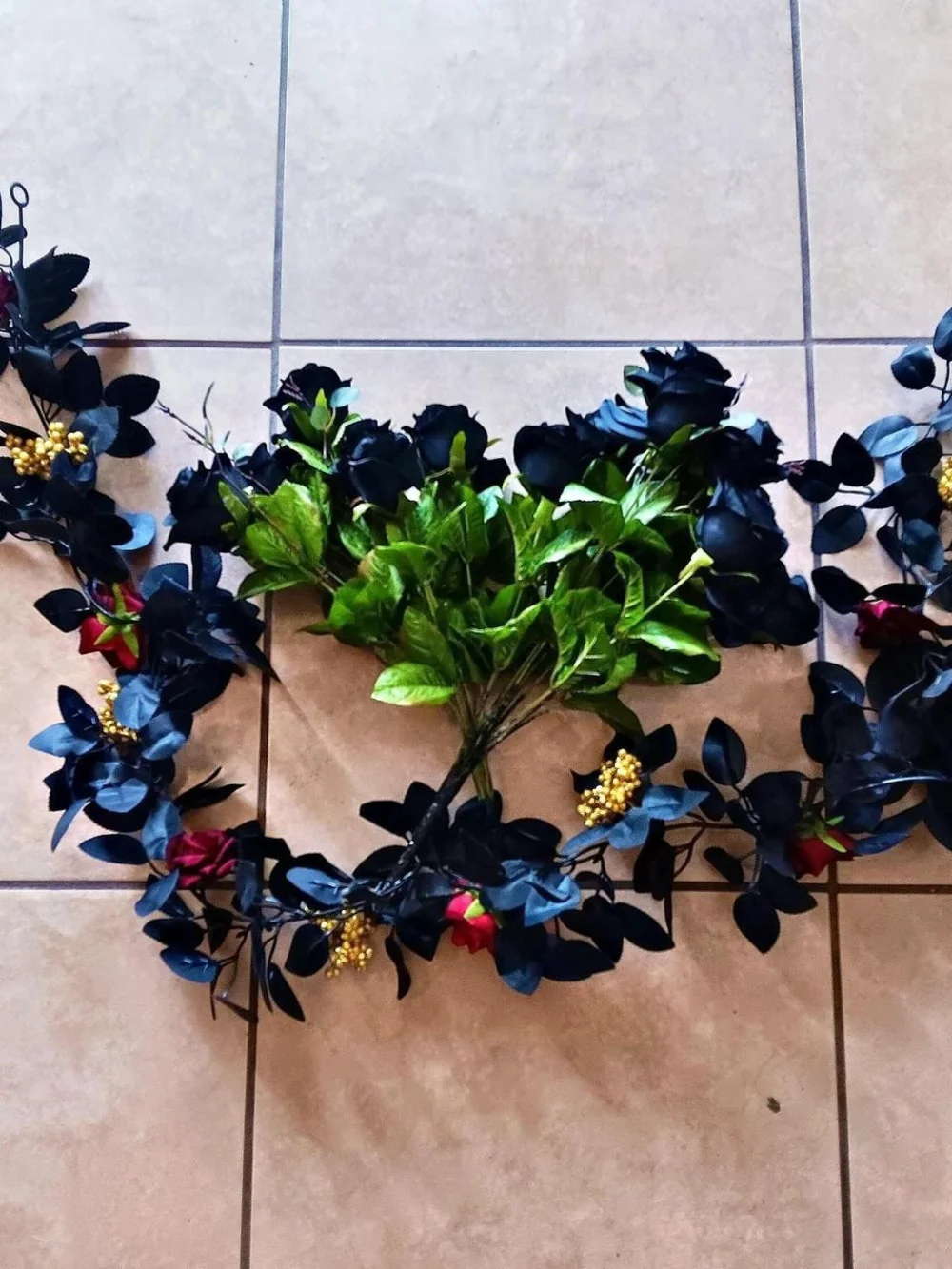 Source Unknown Black Rose and Green Leaf Garland with Yellow Berry Accents